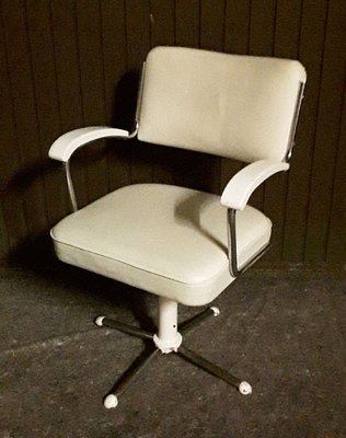 Swiveling Tubular Steel Chair with White Leatherette Upholstery, 1950s-HOI-778993