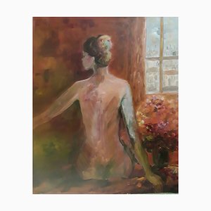 Sylvie De Franqueville, Female Nude from Behind, 1990s, Original Oil Painting on Canvas-HOI-1806174