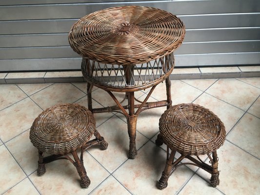 Table and 2 Wicker Stools 1960s, Set of 3-WQQ-929105