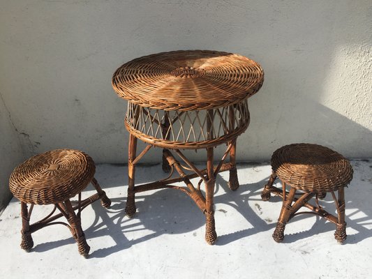 Table and 2 Wicker Stools 1960s, Set of 3-WQQ-929105