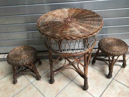 Table and 2 Wicker Stools 1960s, Set of 3-WQQ-929105