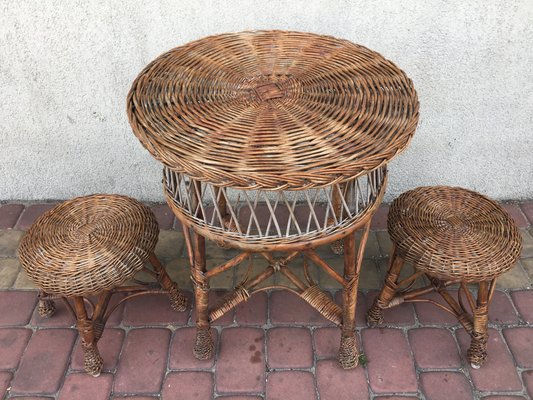 Table and 2 Wicker Stools 1960s, Set of 3-WQQ-929105