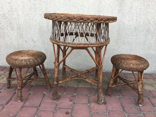 Table and 2 Wicker Stools 1960s, Set of 3-WQQ-929105