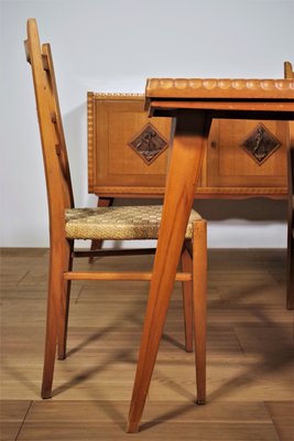 Table, Chairs & Sideboard in Wood, 1940s, Set of 9-KNM-1063720