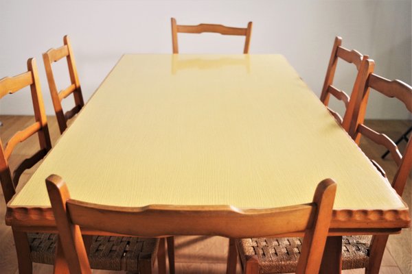 Table, Chairs & Sideboard in Wood, 1940s, Set of 9-KNM-1063720