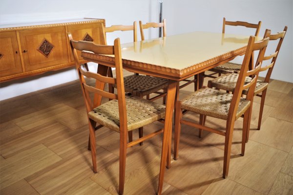 Table, Chairs & Sideboard in Wood, 1940s, Set of 9-KNM-1063720