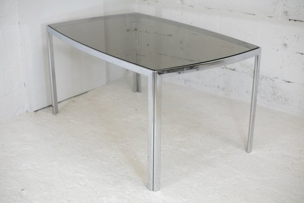 Table in Chromed Metal with Curved Smoked Glass Slab Top, France, 1970s-MAO-1009331