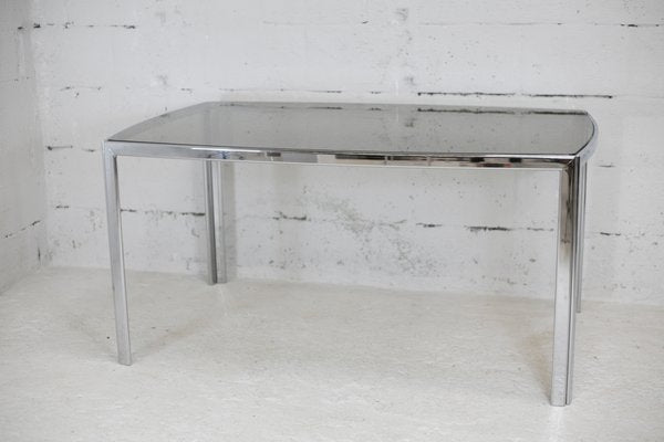 Table in Chromed Metal with Curved Smoked Glass Slab Top, France, 1970s-MAO-1009331