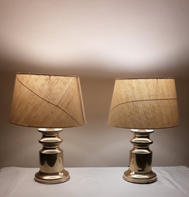 Table Lamps with Brass Bases and Fabric Shades, 1970s, Set of 2-HOI-1787791