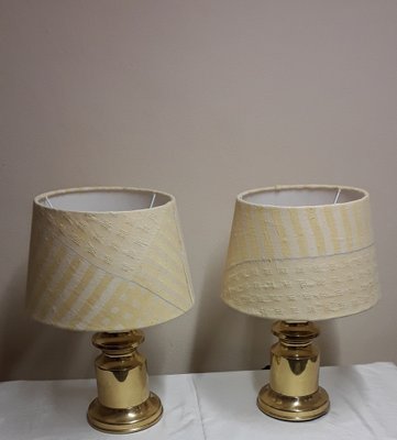 Table Lamps with Brass Bases and Fabric Shades, 1970s, Set of 2-HOI-1787791