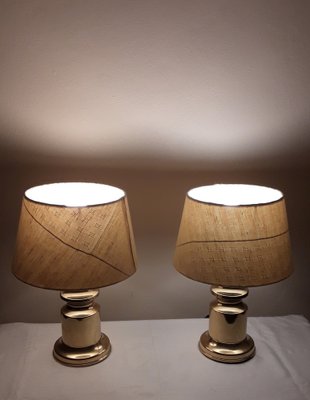 Table Lamps with Brass Bases and Fabric Shades, 1970s, Set of 2-HOI-1787791