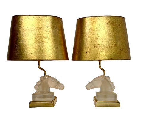 Table Lamps with Glass Horse Head by Maison Le Dauphin, 1970s, Set of 2-WZZ-1719363