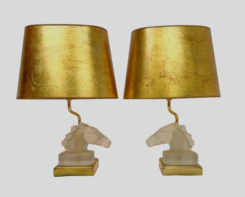 Table Lamps with Glass Horse Head by Maison Le Dauphin, 1970s, Set of 2-WZZ-1719363