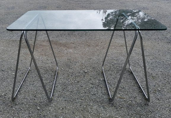 Table with Tempered Crystal Top & Chromed Lockable Legs, Italy, 1990-RAQ-1285754