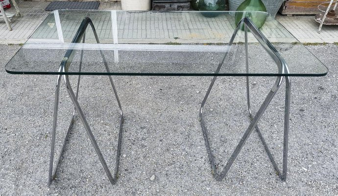 Table with Tempered Crystal Top & Chromed Lockable Legs, Italy, 1990-RAQ-1285754