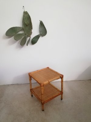 Table with Wheels & Two Rattan and Bamboo Shelves, Italy, 1970s-UIW-1299908