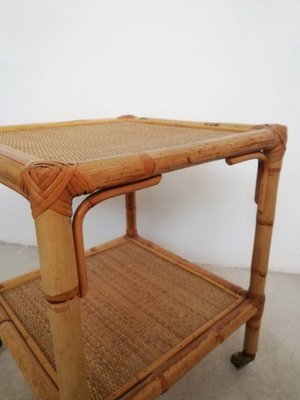 Table with Wheels & Two Rattan and Bamboo Shelves, Italy, 1970s-UIW-1299908