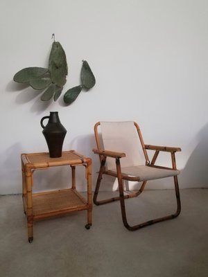 Table with Wheels & Two Rattan and Bamboo Shelves, Italy, 1970s-UIW-1299908