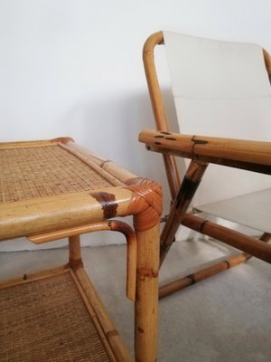 Table with Wheels & Two Rattan and Bamboo Shelves, Italy, 1970s-UIW-1299908