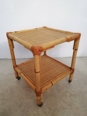 Table with Wheels & Two Rattan and Bamboo Shelves, Italy, 1970s-UIW-1299908