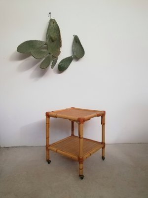 Table with Wheels & Two Rattan and Bamboo Shelves, Italy, 1970s-UIW-1299908