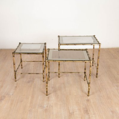 Tables in Brass, Bamboo and Glass from Maison Baguès, 1970s, Set of 3-VJZ-1752461