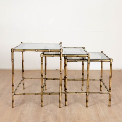 Tables in Brass, Bamboo and Glass from Maison Baguès, 1970s, Set of 3-VJZ-1752461