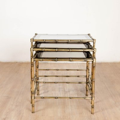 Tables in Brass, Bamboo and Glass from Maison Baguès, 1970s, Set of 3-VJZ-1752461