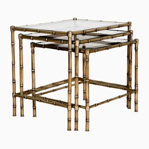 Tables in Brass, Bamboo and Glass from Maison Baguès, 1970s, Set of 3-VJZ-1752461