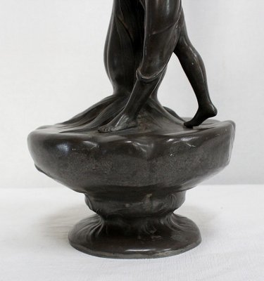 Tall Art Nouveau Vase in Pewter Depicting Young Woman Picking Water Lily by P. Jean, Early 20th Century-RVK-1016327