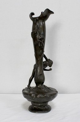 Tall Art Nouveau Vase in Pewter Depicting Young Woman Picking Water Lily by P. Jean, Early 20th Century-RVK-1016327