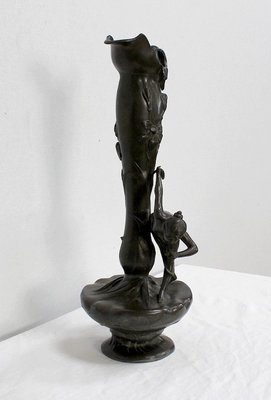 Tall Art Nouveau Vase in Pewter Depicting Young Woman Picking Water Lily by P. Jean, Early 20th Century-RVK-1016327