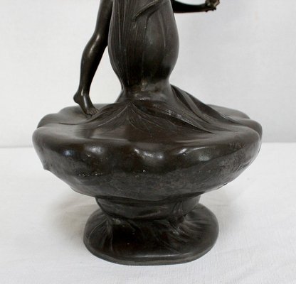 Tall Art Nouveau Vase in Pewter Depicting Young Woman Picking Water Lily by P. Jean, Early 20th Century-RVK-1016327