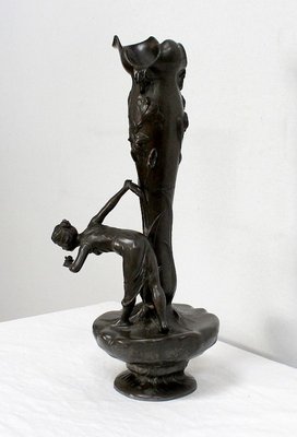 Tall Art Nouveau Vase in Pewter Depicting Young Woman Picking Water Lily by P. Jean, Early 20th Century-RVK-1016327