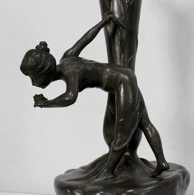 Tall Art Nouveau Vase in Pewter Depicting Young Woman Picking Water Lily by P. Jean, Early 20th Century-RVK-1016327