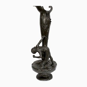 Tall Art Nouveau Vase in Pewter Depicting Young Woman Picking Water Lily by P. Jean, Early 20th Century-RVK-1016327