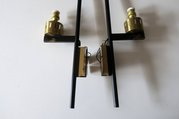 Tall Italian Black Iron, Brass & Opaline Glass Wall Lights, 1950s, Set of 2-ED-1749026