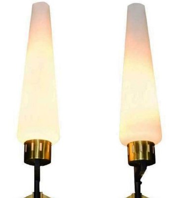 Tall Italian Black Iron, Brass & Opaline Glass Wall Lights, 1950s, Set of 2-ED-1749026