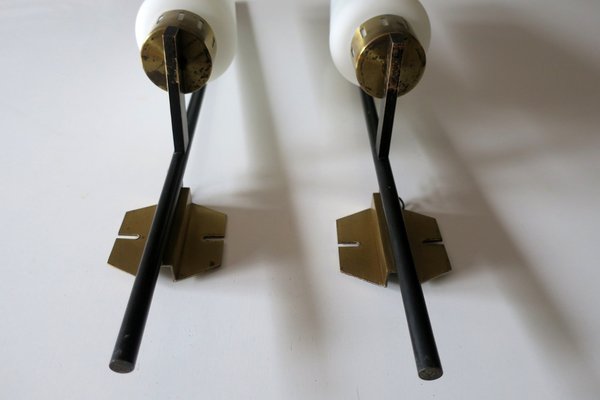 Tall Italian Black Iron, Brass & Opaline Glass Wall Lights, 1950s, Set of 2-ED-1749026