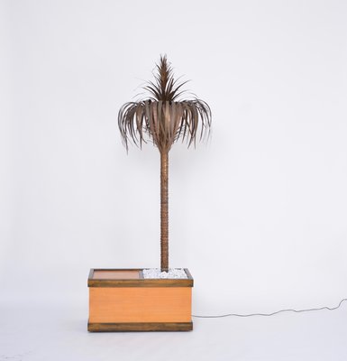 Tall Italian Hollywood Regency Palm-Shaped Lamp in Brass and Wood with Cabinet, 1970s-FN-1373997