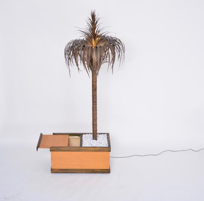 Tall Italian Hollywood Regency Palm-Shaped Lamp in Brass and Wood with Cabinet, 1970s-FN-1373997