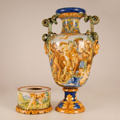 Tall Italian Majolica Serpentine Handles Vase with Separate Base Depicting Mythological Scene by Annibale Carracci, Farnese Gallery, Rome, 1597-GOE-952170