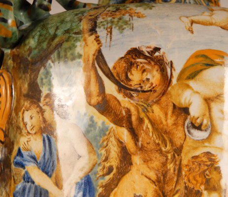 Tall Italian Majolica Serpentine Handles Vase with Separate Base Depicting Mythological Scene by Annibale Carracci, Farnese Gallery, Rome, 1597-GOE-952170