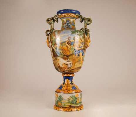 Tall Italian Majolica Serpentine Handles Vase with Separate Base Depicting Mythological Scene by Annibale Carracci, Farnese Gallery, Rome, 1597-GOE-952170