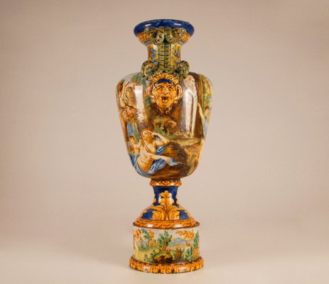 Tall Italian Majolica Serpentine Handles Vase with Separate Base Depicting Mythological Scene by Annibale Carracci, Farnese Gallery, Rome, 1597-GOE-952170