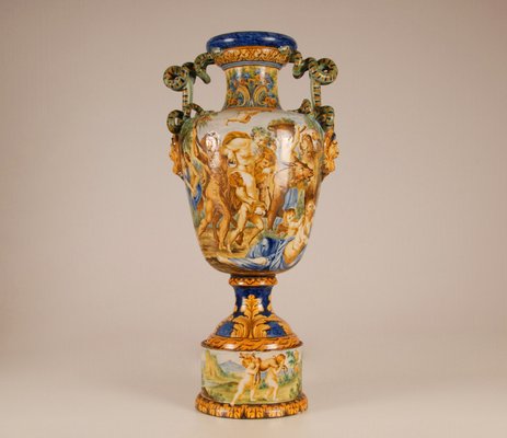 Tall Italian Majolica Serpentine Handles Vase with Separate Base Depicting Mythological Scene by Annibale Carracci, Farnese Gallery, Rome, 1597-GOE-952170