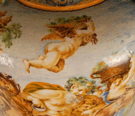 Tall Italian Majolica Serpentine Handles Vase with Separate Base Depicting Mythological Scene by Annibale Carracci, Farnese Gallery, Rome, 1597-GOE-952170