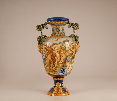 Tall Italian Majolica Serpentine Handles Vase with Separate Base Depicting Mythological Scene by Annibale Carracci, Farnese Gallery, Rome, 1597-GOE-952170