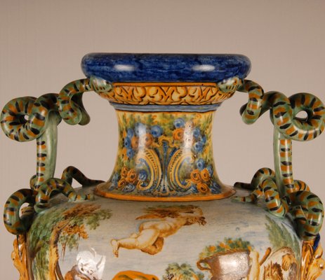 Tall Italian Majolica Serpentine Handles Vase with Separate Base Depicting Mythological Scene by Annibale Carracci, Farnese Gallery, Rome, 1597-GOE-952170