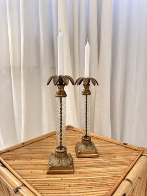 Tall Mid-Century Brass Palm Tree Candleholder with Cut Glass Stem-NOT-1806826